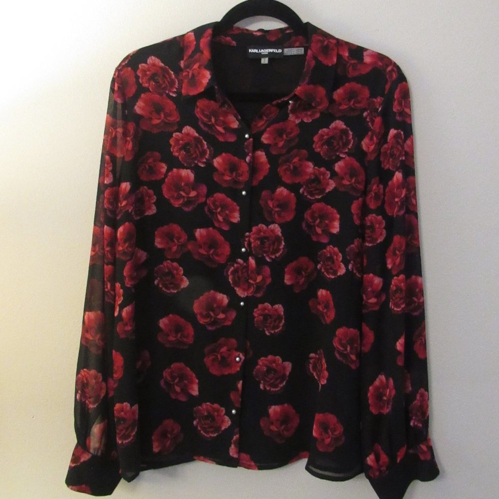 Karl Lagerfeld Paris Rose Pattern Button Down Top